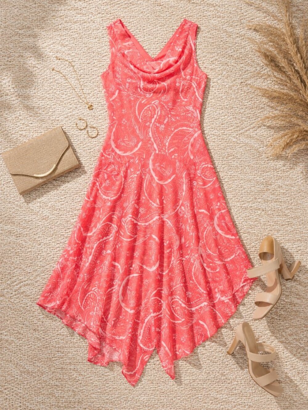 Robbie Bee Chiffon Paisley Coral Midi Dress Size 8P NWT